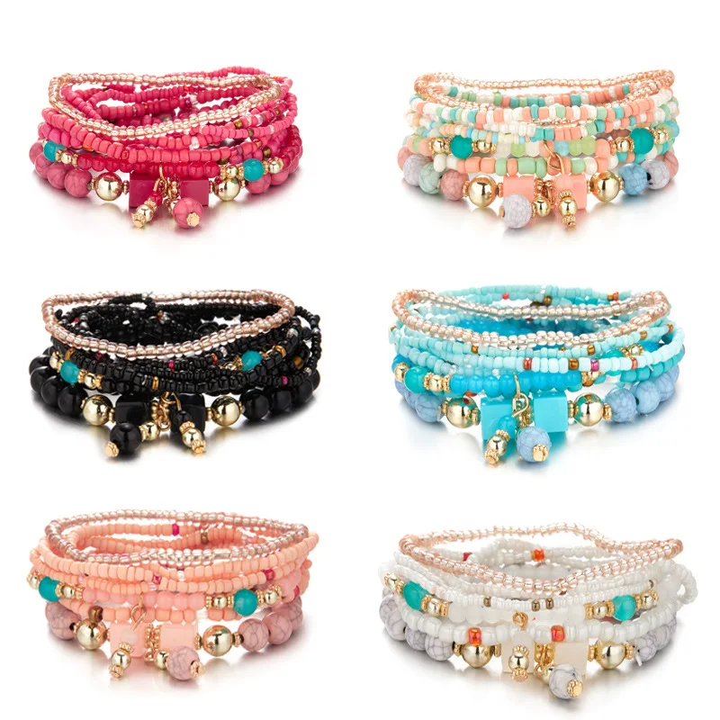 Hot Boho style creative rice bead beaded bracelet 8 pieces of turquoise elastic beaded bracelet set