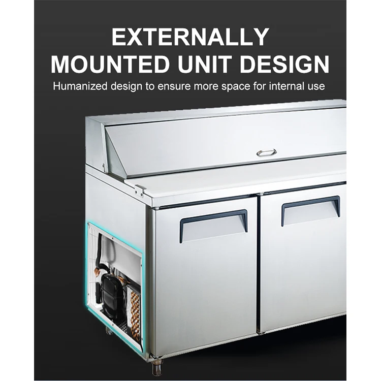 Commercial 2 doors stainless steel exterior salad pizza preparation table fits pans display refrigerator chiller restaurant