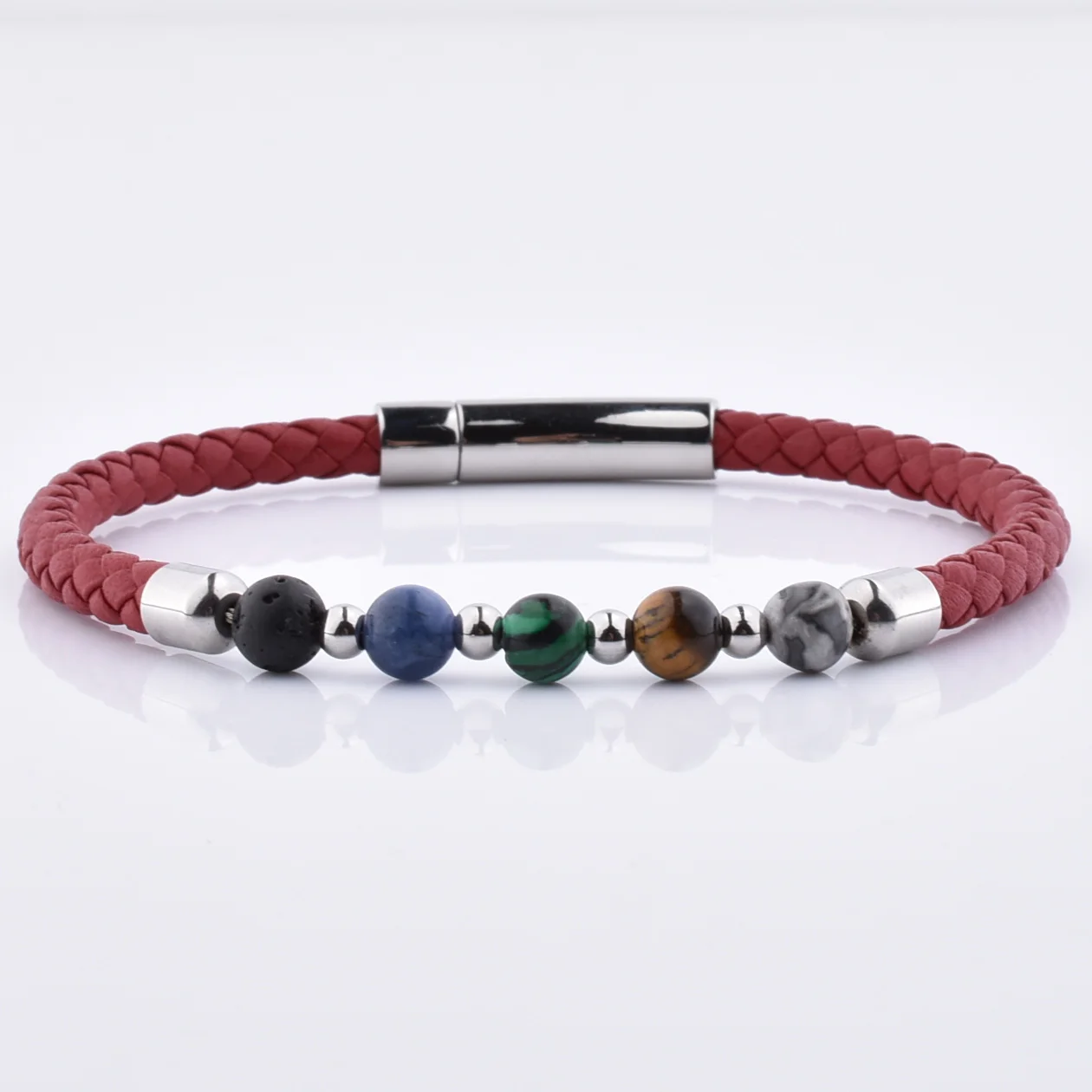 Different Natural Stone Women Red Leather Mens Bracelet With Magnetic Clasp