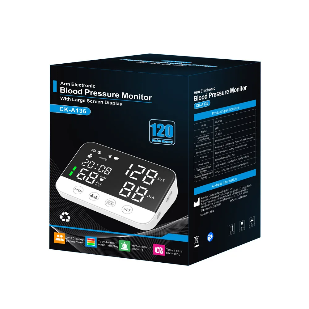 CK-A136 Portable Medical Automatic Upper Arm Bp Machine Electronic Digital Blood Pressure Monitor With Large LED For Home