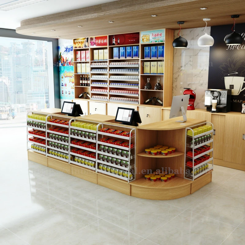 Convenience Store Commissary Snack Shop Small Supermarket Combined Steel Wood Cash Register With Display Shelf In The Front