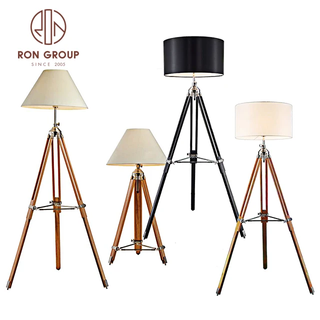 Modern Wedding Hotel Standing Lighting Waterproof Floor Led Large Lights Fabric Shade Height Adjustable Wooden Tripod Floor Lamp
