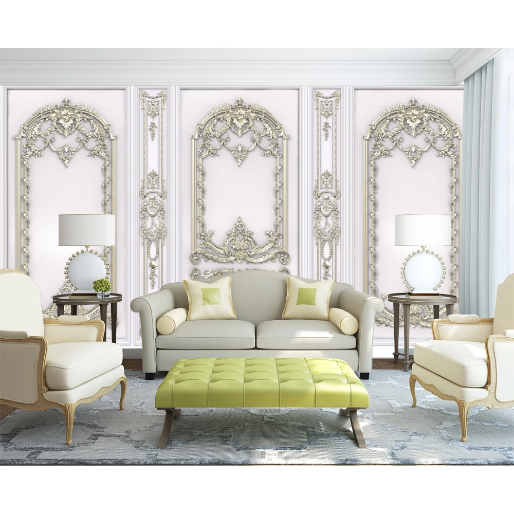 Европейский узор 3d моющиеся обои настенные украшения белый серебристый роскошный стиль фрески