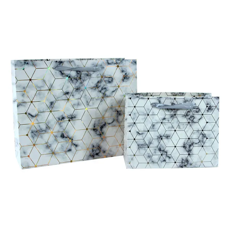 Kairui 2023 Grey Pillow Shape Turquoise Marble Kraft Paper Shopping Bag With Ribbon Handle