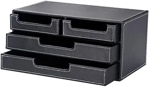 Small Desktop Stationery Storage Box Black PU Leather 4-Drawer Desk Organizer Standing Type Office Supplies Accessories Bills