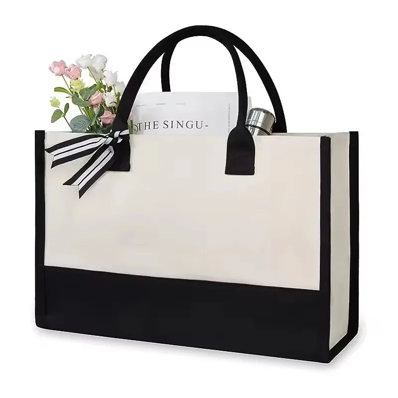 Personalized Initial Canvas Beach Bag Reusable Classic Black and White Blank Canvas Tote Gift Bag with Custom Logo