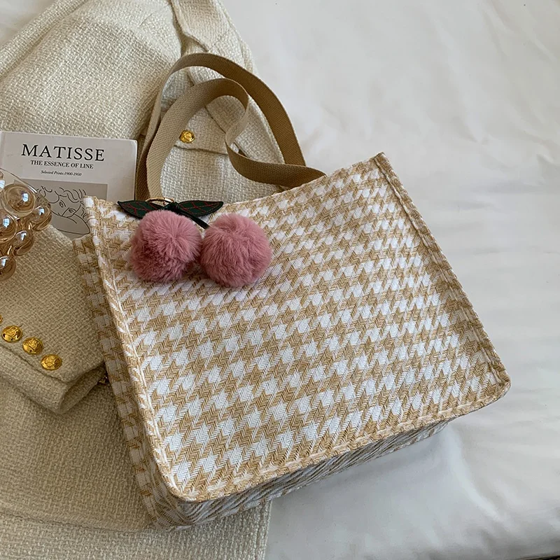 Fashion Houndstooth 2024 Personalized Logo Travel Bag Eco-friendly Cotton Customized Shopper Shopping Canvas Tote Bag