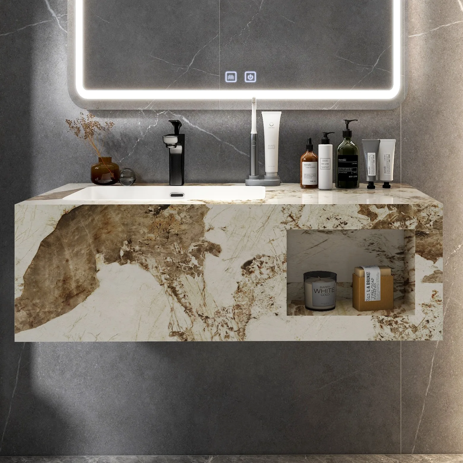 New design rock beam basin Mural Solid Surface Sink Wall Hung Marble Wash sintered stone Sink Vanity cabinet with mirror