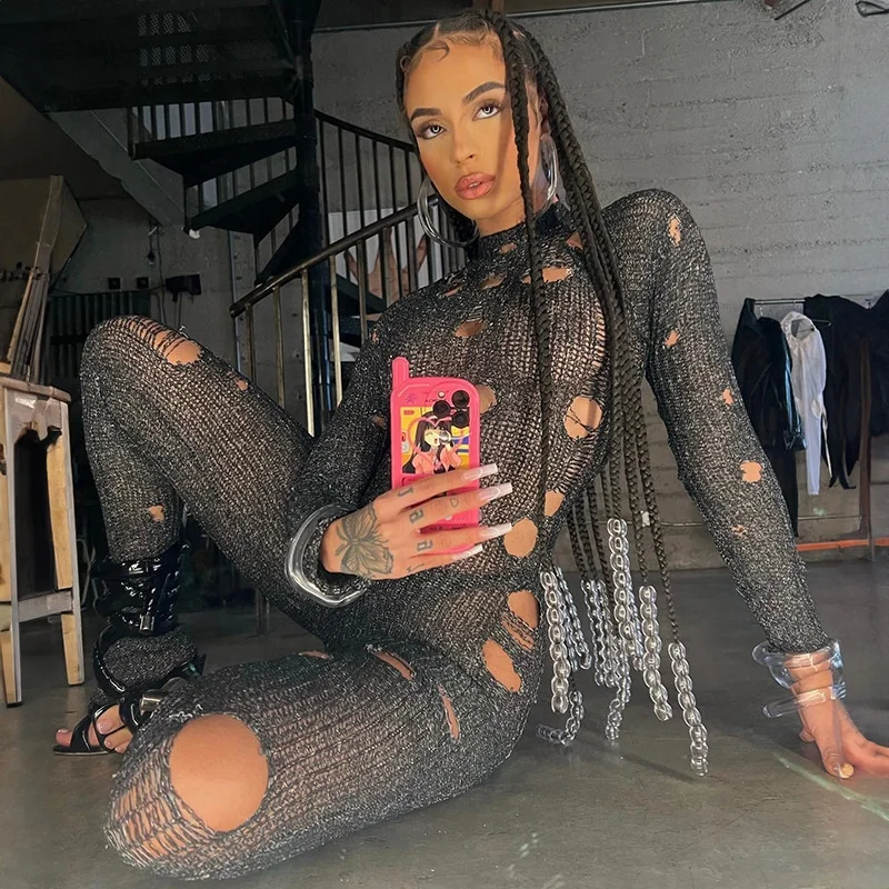 2024  Winter Fall Women Jumpsuits Cotton Knitted Hollow Bodysuits Sexy Bandage One Piece Rompers Knit Jumpsuits For Women