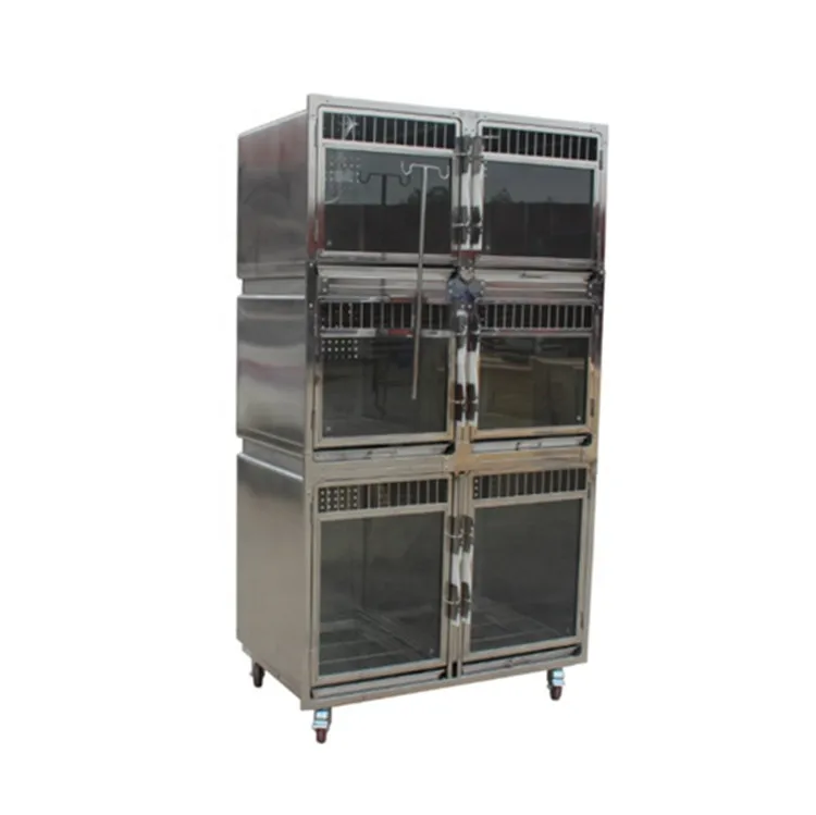 304 Stainless Steel Metal Glass Door Dog Cat Foldable Carriers Pet Cage with High-intensity Medical Universal Brake Wheel