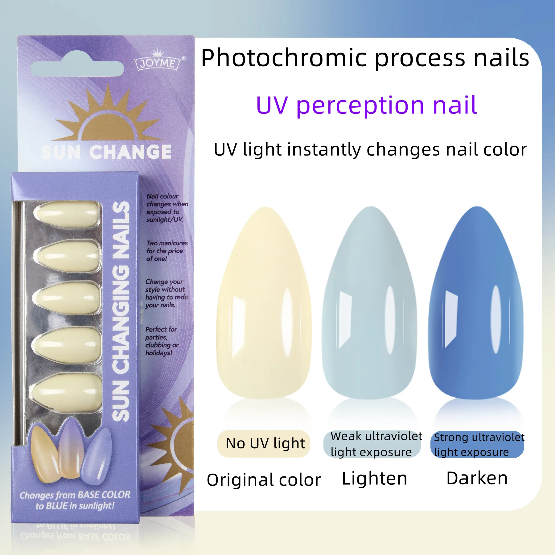 Best selling  luxury high quality sunlight changing nails nail tips artificial fingernails colour changing false nails