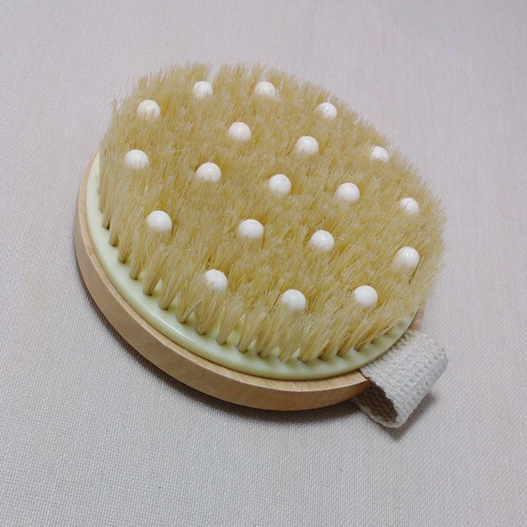 Оптовая продажа, круглая деревянная щетка для сухого тела с натуральной щетиной и резиновым массажером