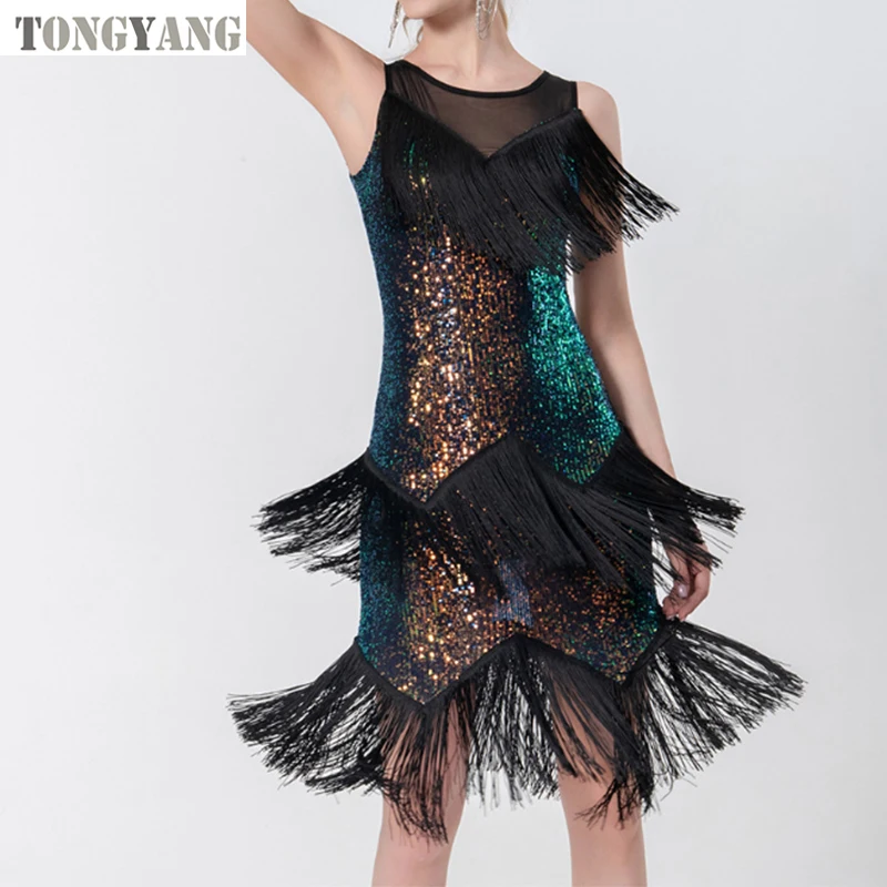 TONGYANG Womens Sparkly Sequins Tassel Dance Dresses Fringe Latin Samba Tango Wear Womens Dresses Stage wear