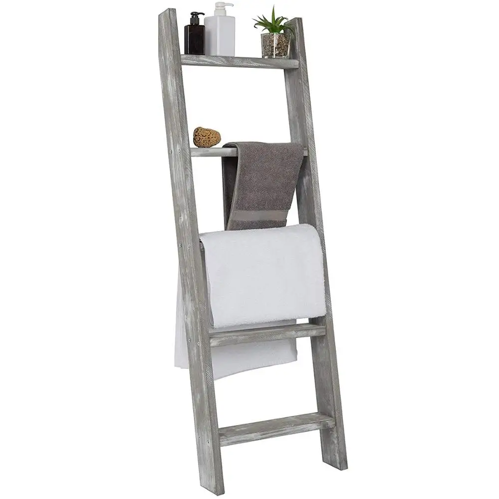
Leaning Rustic Gray with White Wood Ladder-Style Blanket Rack 