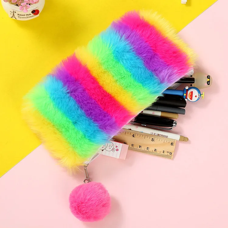 Professional manufacturer school cute pen bags pouch kawaii styles rainbow-colored plush pencil bag