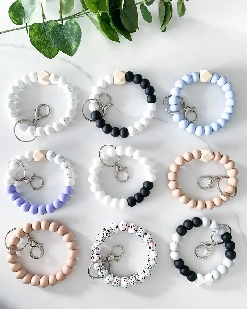 Trendy Cheap Beaded Bracelet Designer For Silicone Bead Wristlet bangle with silver plated Keychain bag accessories