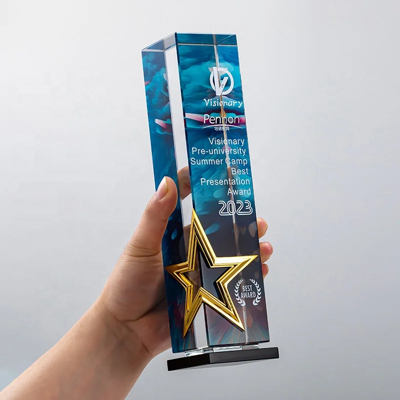 BM Factory wholesale custom new design square pillar crystal trophy awards with metal star