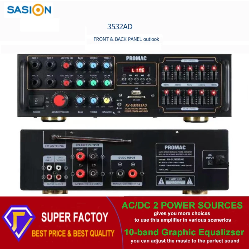 10-band graphic equalizer 3532AD AC/DC power Mic echo/delay stereo karaoke amplifier support BT/USB/SD/AUX/FM radio/LED display.