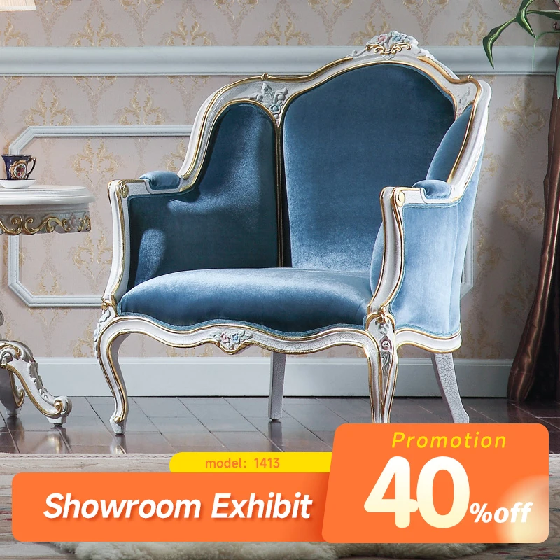 French Rococo Living Room Blue Fabric Furniture Sofa Wood Home Upholstery Sofa Furniture