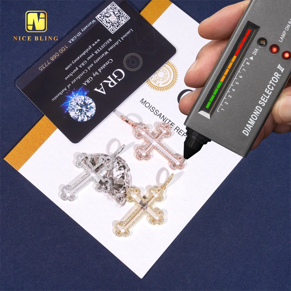 Hip Hop Jewelry 925 Silver Moissanite Diamond Cross Pendant Unisex Charm Iced Out Cross Pendant with Cz Tennis Chain