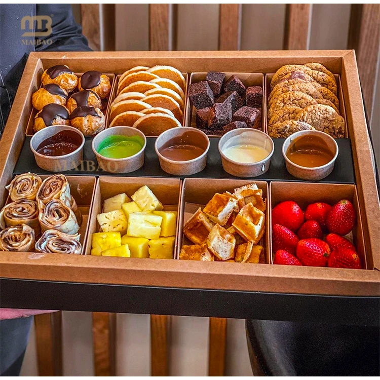 Custom cardboard kraft paper grazing box for food takeaway food brunch platter box breakfast food packaging lunch boxes with lid