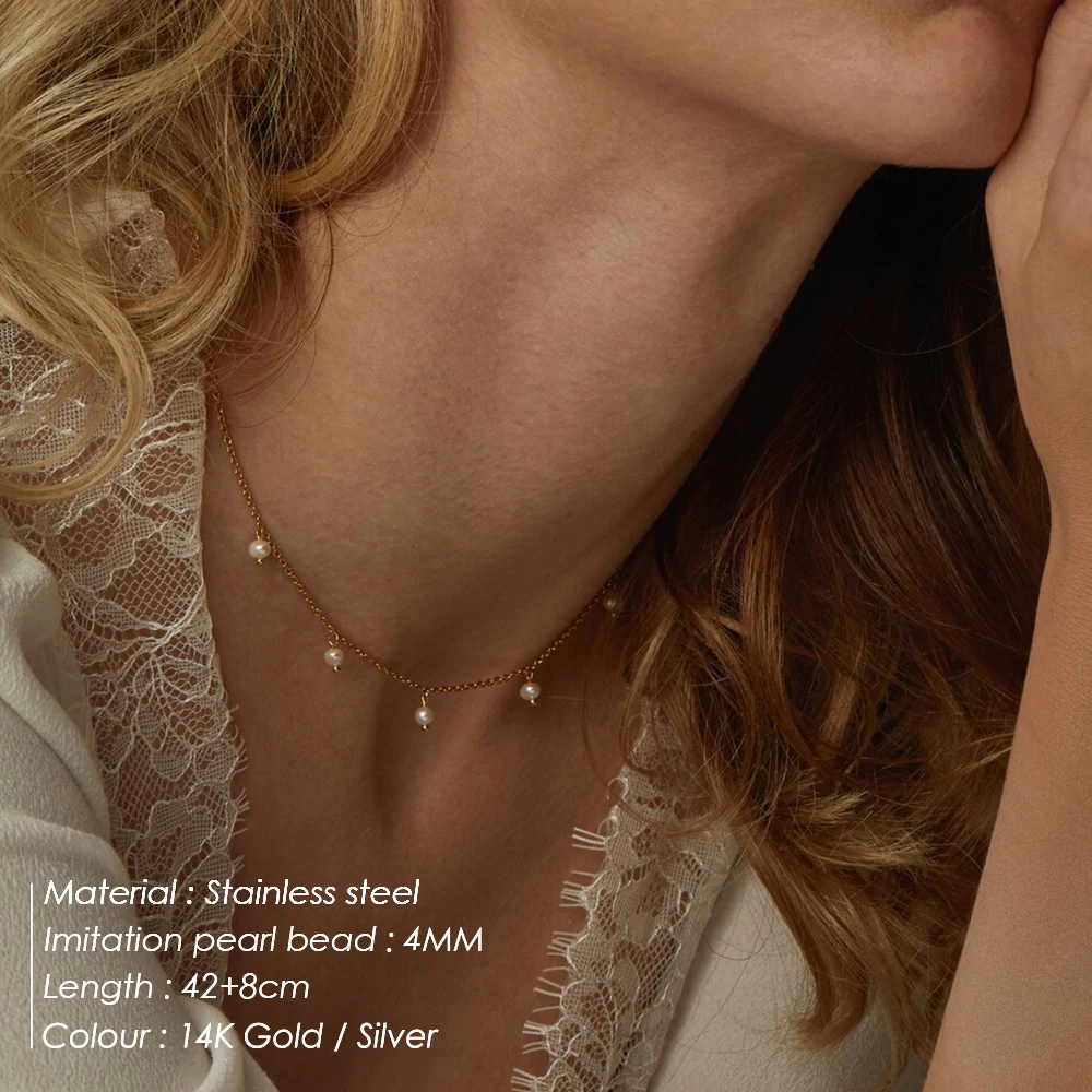 eManco Gold Plated Pearls Tassel Choker Necklace Stainless Steel Link Chain Baroque Imitation Pearl Pendant Necklace