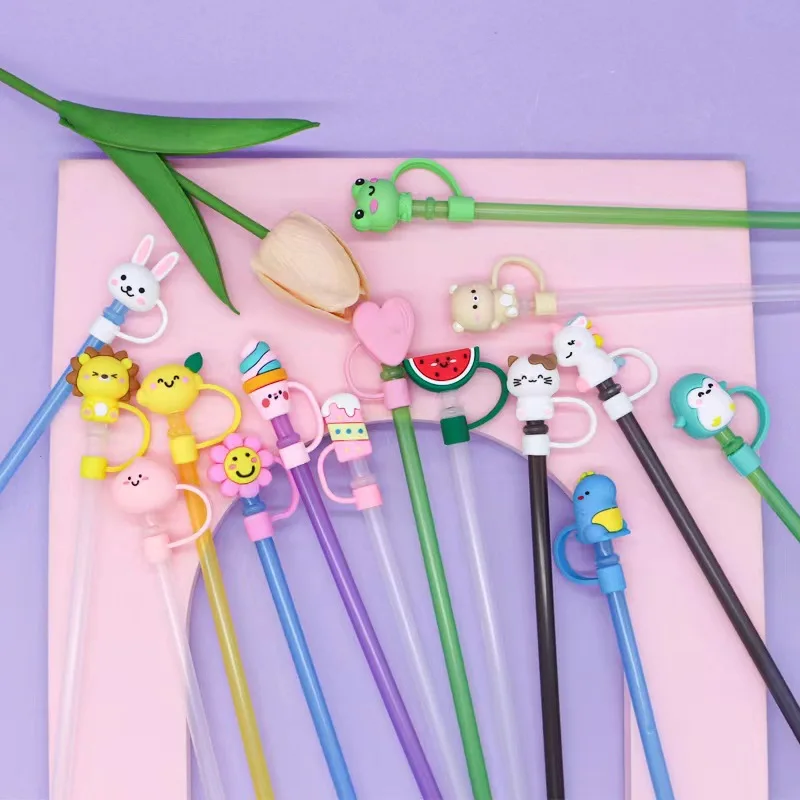 Reusable Silicone Drinking Straw Lids Cartoon Drinking Straw Caps Tips Cover