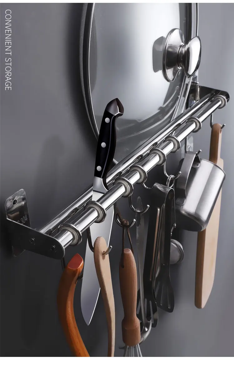 Kitchen accessories Stainless steel wall mounted kitchen rail with 8 hooks metal hook bathroom kitchen storage hook rack
