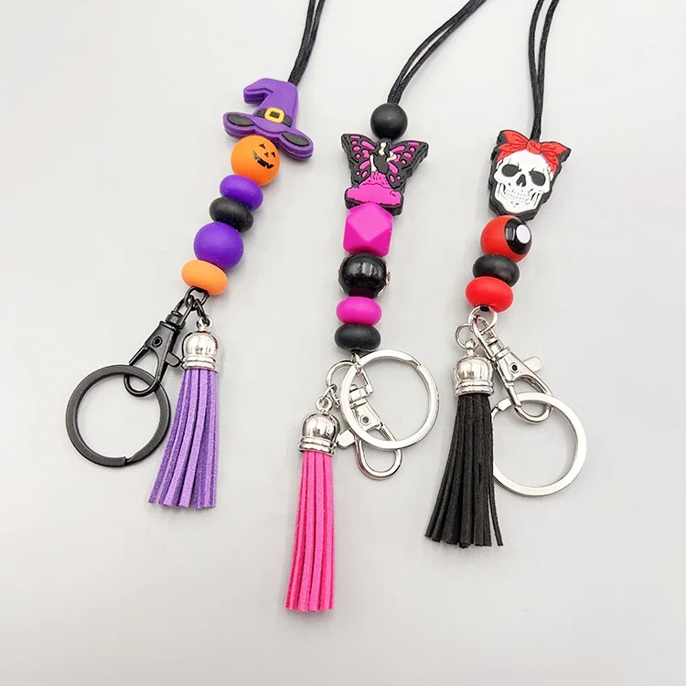 Cheap Wholesale Low MOQ Ready to Ship Funny Silicone Bead Tassels Ghost Halloween Lanyard Keychain for Kids