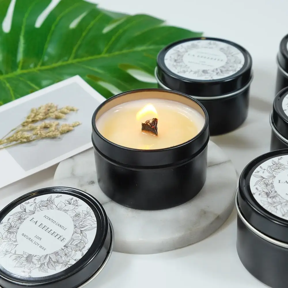 Wholesale Custom Private Label Black Tin 70g Soy Wax Wood Wick Scented Candle
