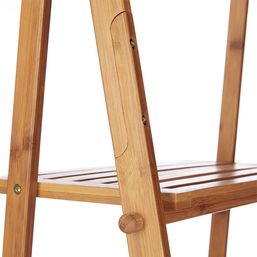 Modern Bamboo Ladder Shelf Small Clothes and Towel Rack with 3 Shelves 3 Rails 4 Side Hooks for Bathroom Use