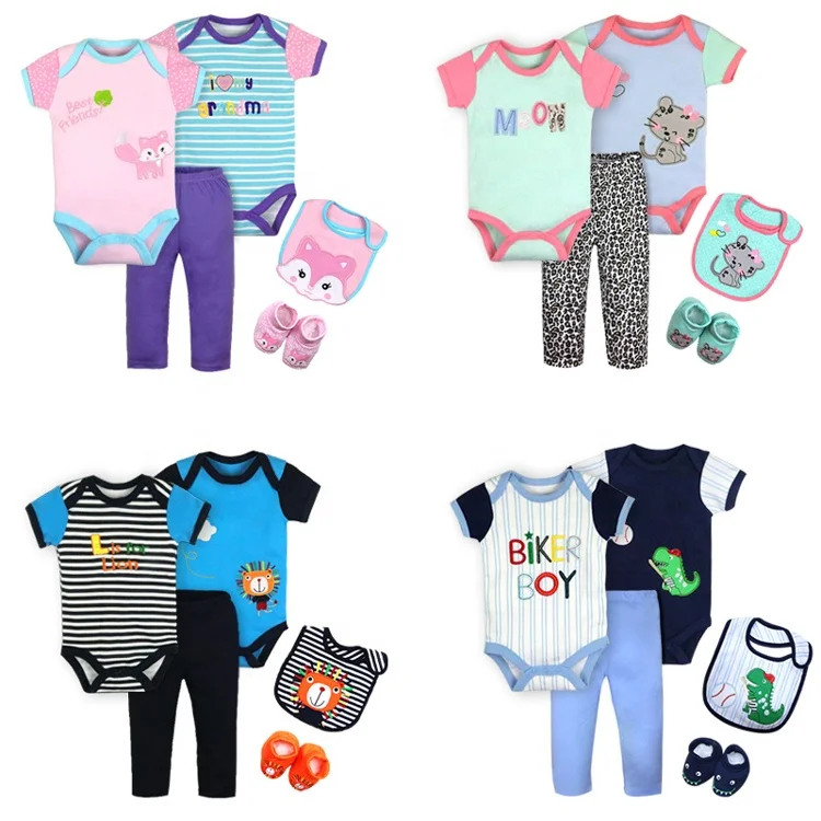 5 in 1 newborn baby clothing set summer baby short sleeve romper matching with long pants&shoes&bibs