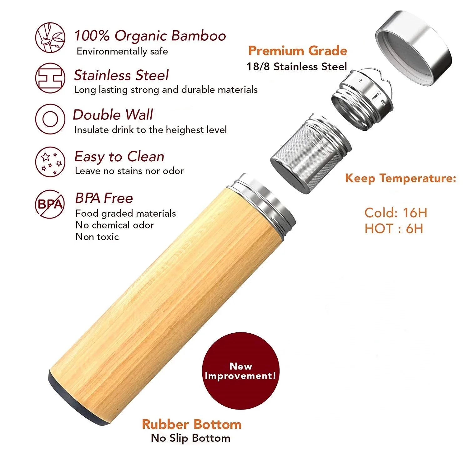 Eco-friendly 500ml Stainless Steel Infuser Bamboo Thermos Travel Coffee Cups Water Bottles