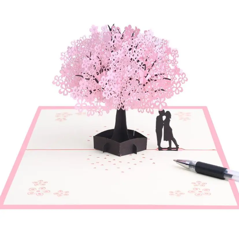 3D Pop Up Greeting Cards Romantic Cherry Tree Loveers for Wedding Valentine Anniversary Easter Birthday Festival Party