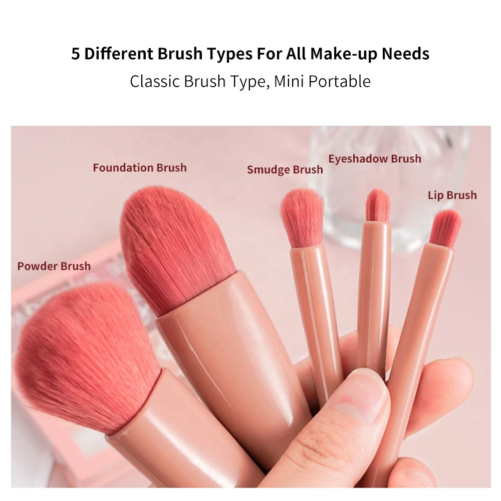 Wholesale Private Label Mirror Face Plastic Cheap Logo Portable 5pcs Small Synthetic Green Vegan Pink Travel Makeup Brush Set