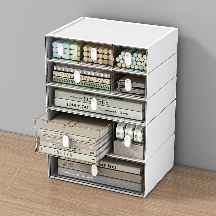 Clear Plastic Office Supplies 3 Tier Desk Organizer Stackable Desktop Storage Box with Drawer