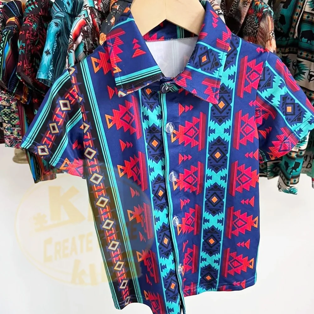 Hot selling western aztec cowboy printing boys t-shirt kids summer polo shirt custom kids baby cloth t shirts
