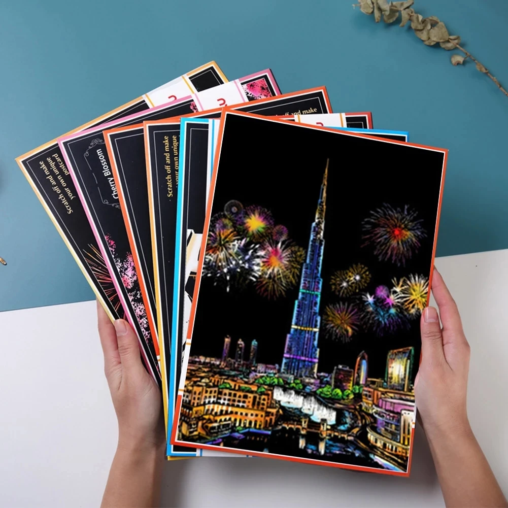 Colorful Magic Scraping Painting DIY Handmade Art Building City Night View Scratch Paper Drawing Board Card