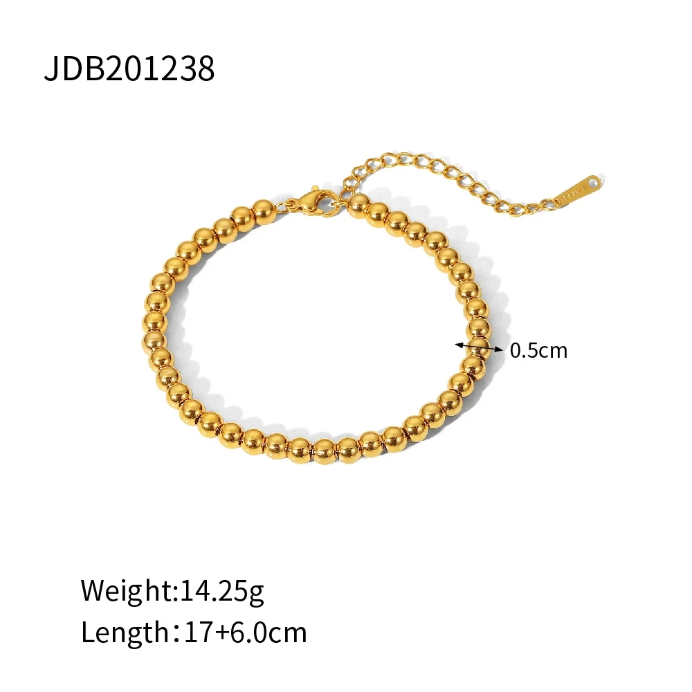 Luxury Jewelry Manufacturer Waterproof Stainless Steel 18K Gold Plated Heart Charm Stone Round Ball Bead Chain Bracelet Femme