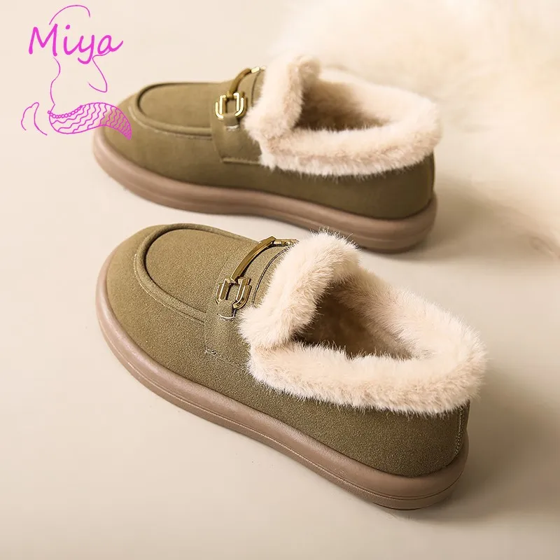 Low-Cut Warm Beanie Cotton Shoes Winter Velvet Thickened Flat Bean Shoes Lamb Wool Round Toe Snow Boots for Women