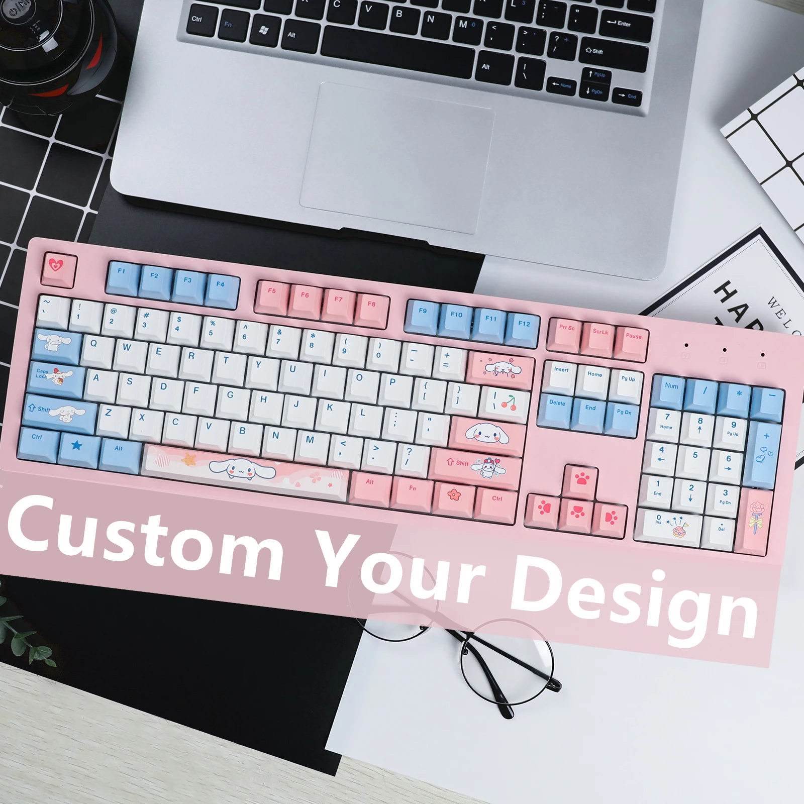 HZGAMER 115keys Custom pbt Keycaps, OEM Profile Cute Keycap White Blue Pink Keyboard Keycap Customized