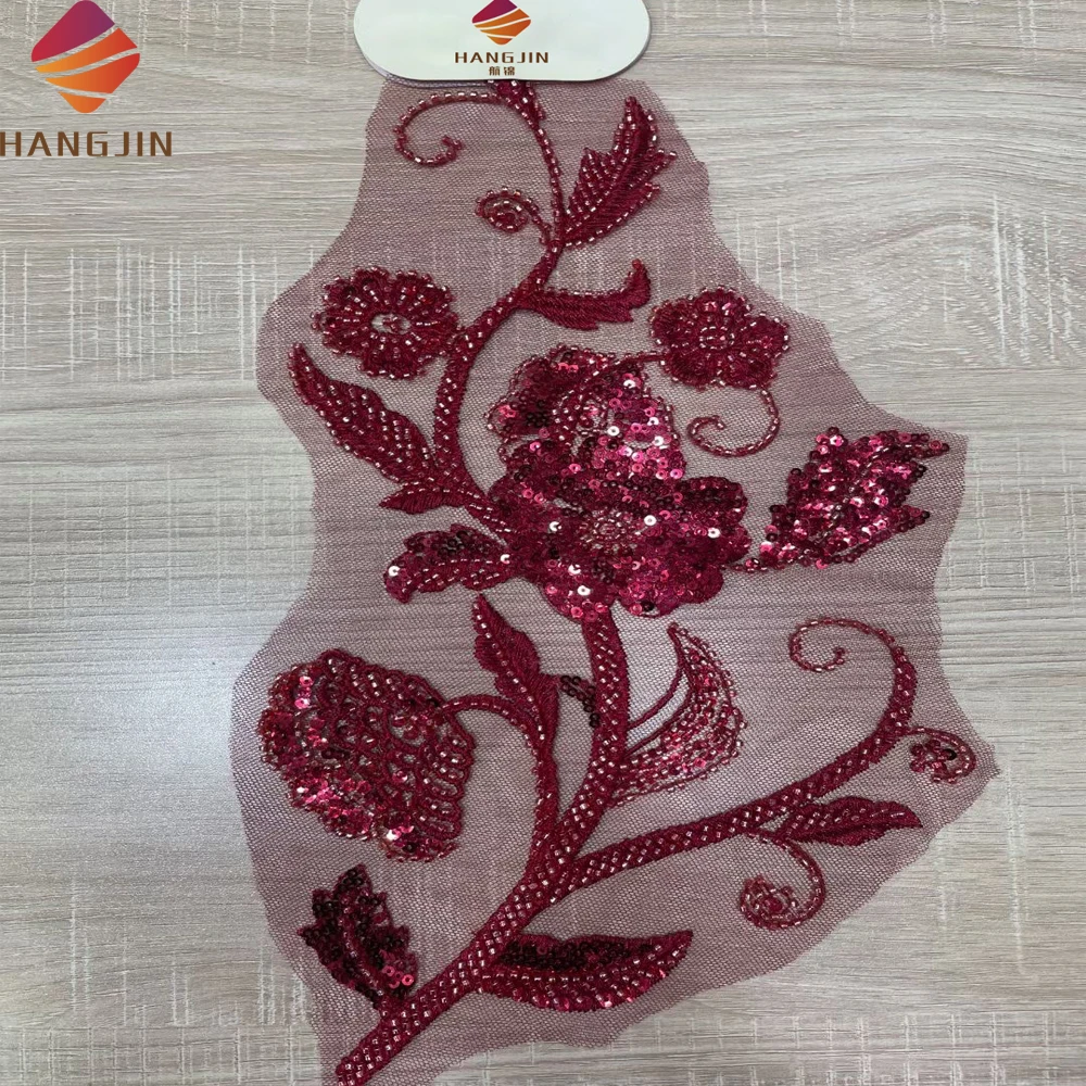 Beaded Lace Applique for Wedding Bridal Dress Sequins Embroidered Patches Embellishment DIY Craft 3D Flower Applique Pair