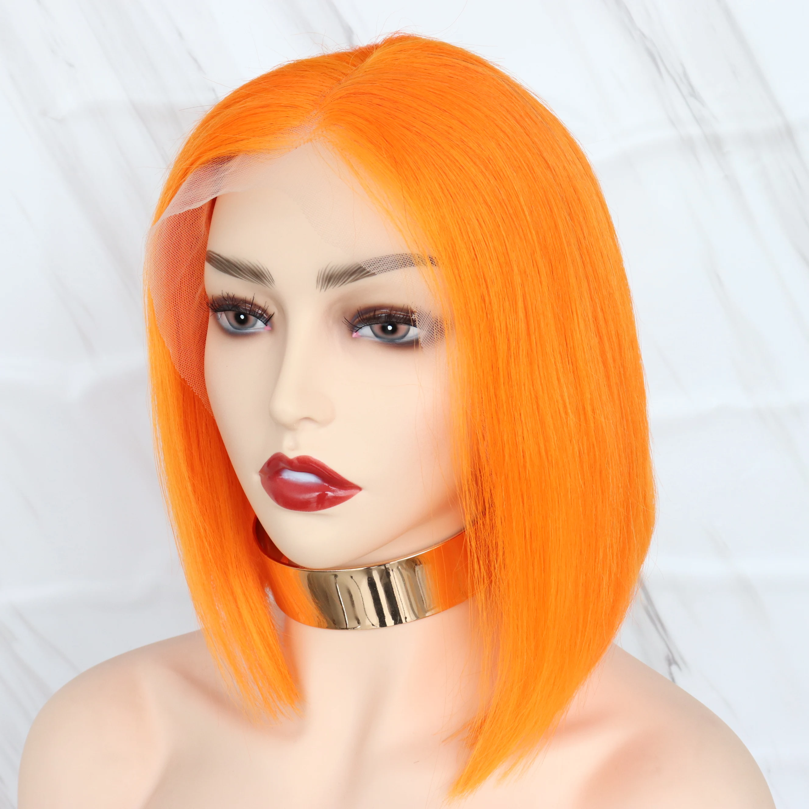 
High Class Orange HD Transparent Lace Short Wig Pelucas Humanas Lace Front Bob Wigs 