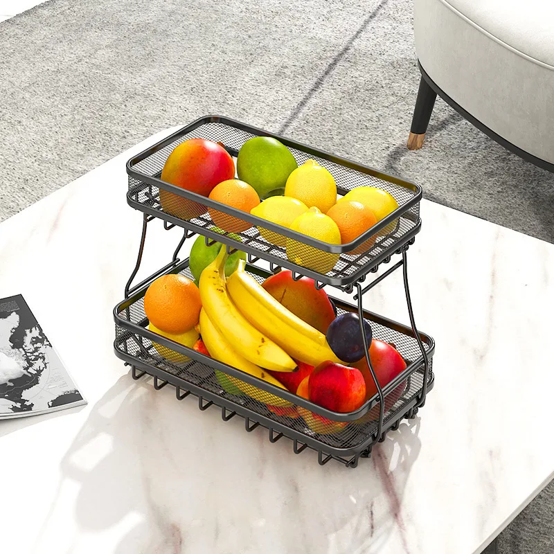 2 Tier Double-layer Square Pull-net Fruit Basket Serving Tray for Kitchen Livingroom Hotel