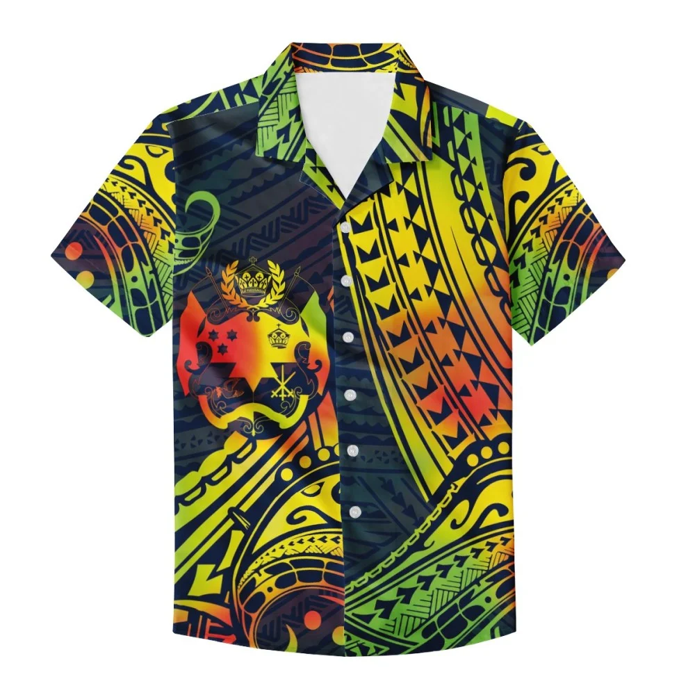 OEM custom mens vacation streetwear short sleeve camp collar over print relaxed fit shirts Rasta Polynesian Samoa Style Design