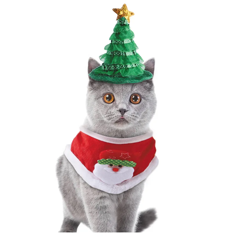 2021 cross-border spot new pet Christmas hat scarf set cat Christmas tree hat ornaments cocoa fast delivery within 3 days