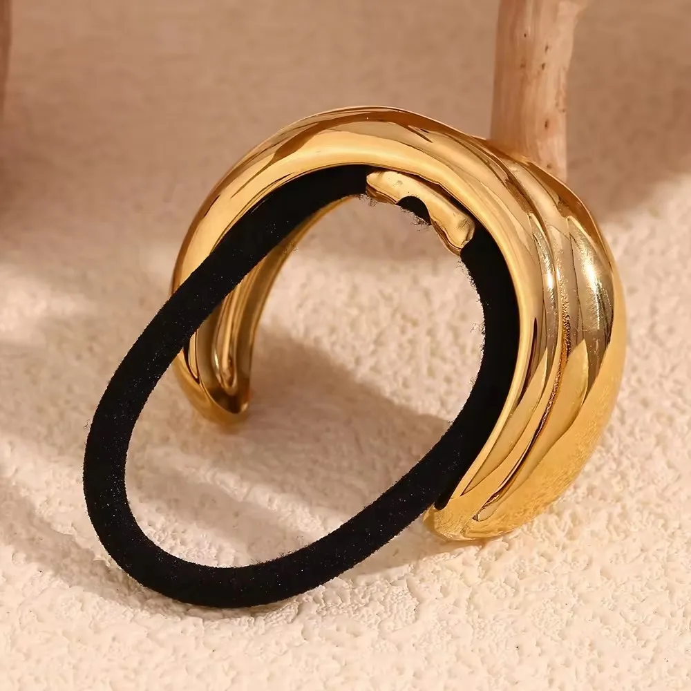 2024 New Design Luxury Metal Cuffs Rubber Elastic Hair Bands Double Layer Stainless Steel Metal Hair Accessories For Women