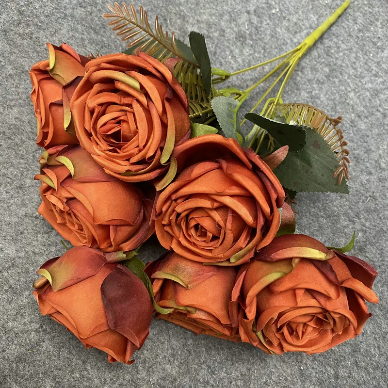 Wholesale Hot Sale Artificial Silk Dusty Rust Rose Flowers 7 heads For Wedding Decor Pink Autumn Color