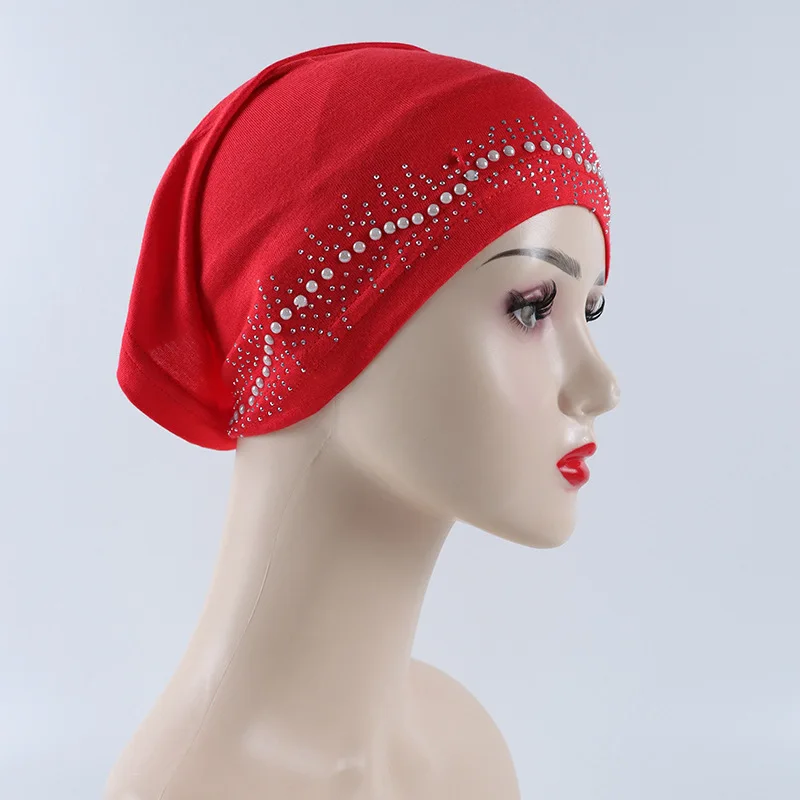 New Arrival Pearl Beaded Turban Underscarf Muslim Women Stretchy Modal Bronzing Diamond Jersey Inner Hijab Cap