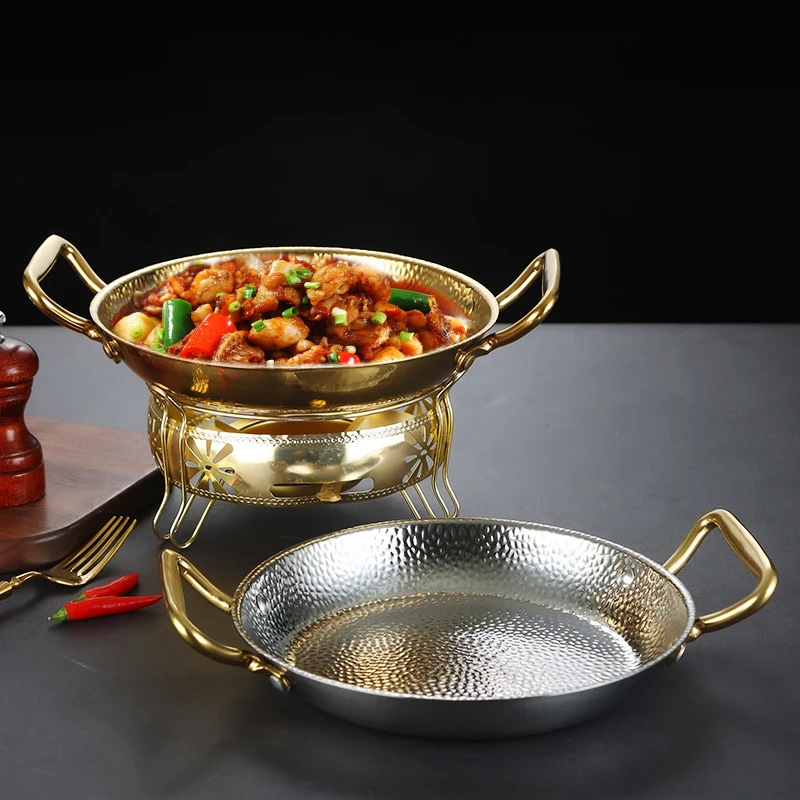 Gold Stainless Steel Restaurant Serving Plate Saute Pan Deep Frying Seafood Pan Paella Cooking Ramen Pot